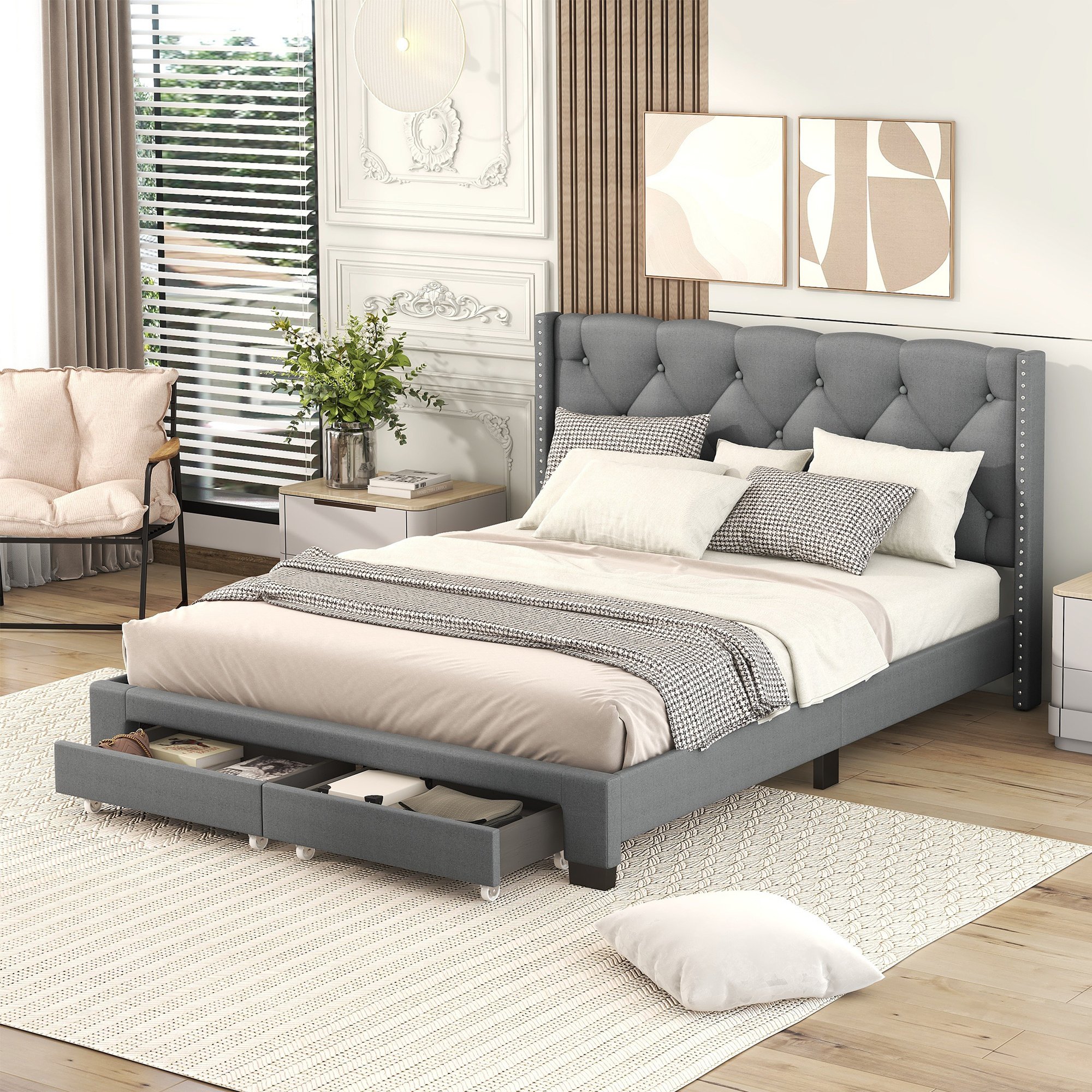 Queen Size Storage Bed Linen Upholstered Platform Bed with Two Drawers - Gray Queen Size Storage Bed Linen Upholstered Platform Bed with Two Drawers - Gray