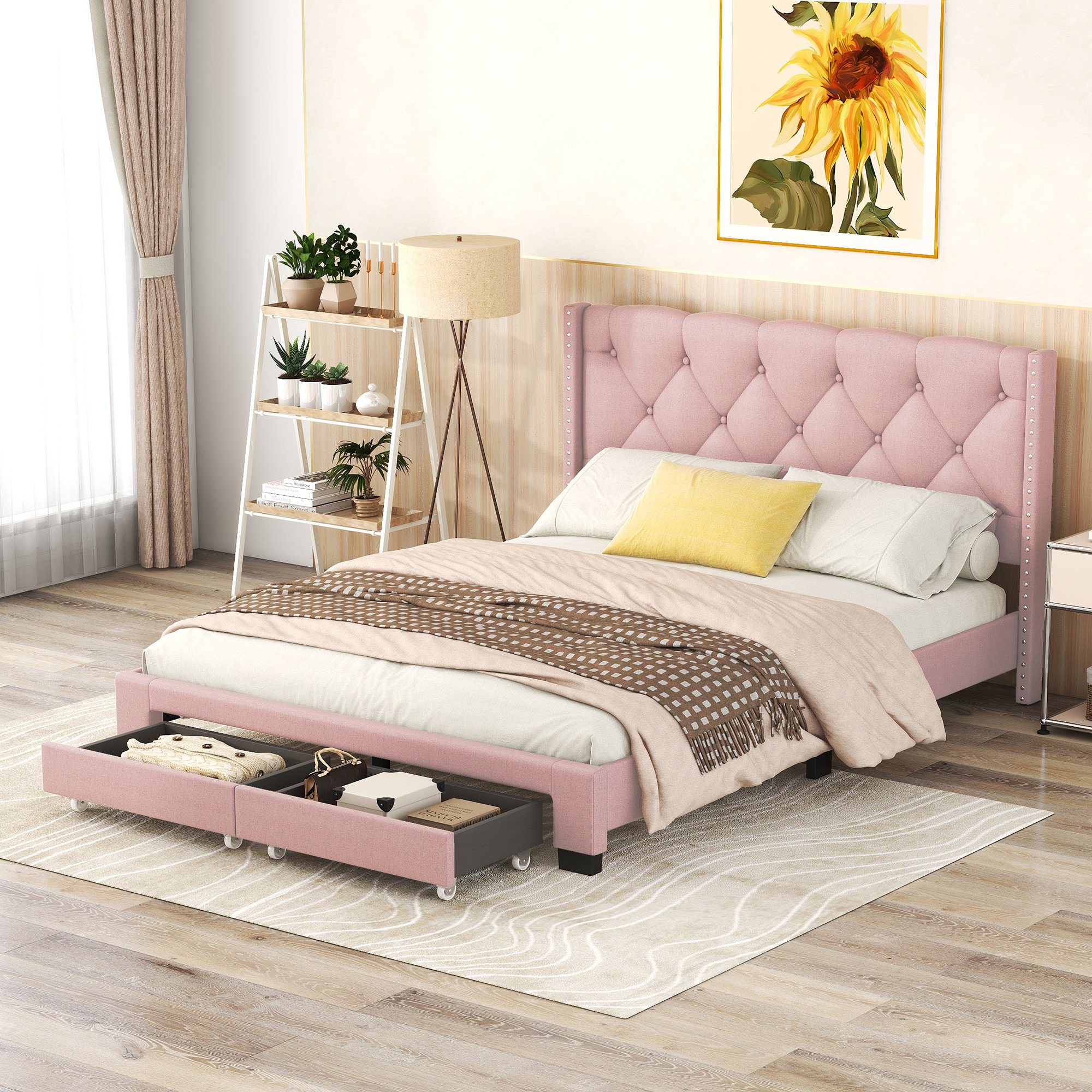 Queen Size Storage Bed Linen Upholstered Platform Bed with Two Drawers - Pink Queen Size Storage Bed Linen Upholstered Platform Bed with Two Drawers - Pink