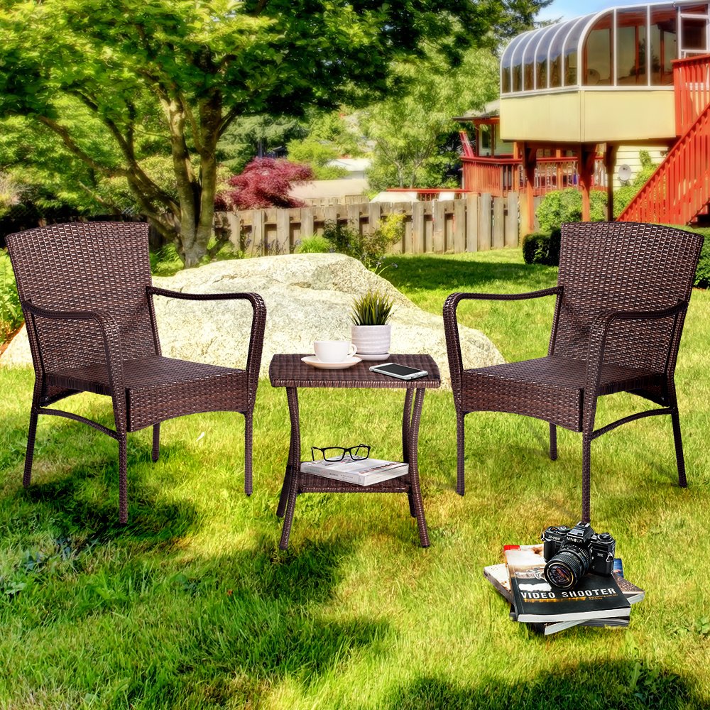3 Pieces Outdoor Seating Group Furniture, PE Rattan Patio Furniture, Wicker Patio Chairs Set, Patio Bistro Sets, Outdoor Conversation Sets - Brown 3 Pieces Outdoor Seating Group Furniture, PE Rattan Patio Furniture, Wicker Patio Chairs Set, Patio Bistro Sets, Outdoor Conversation Sets - Brown