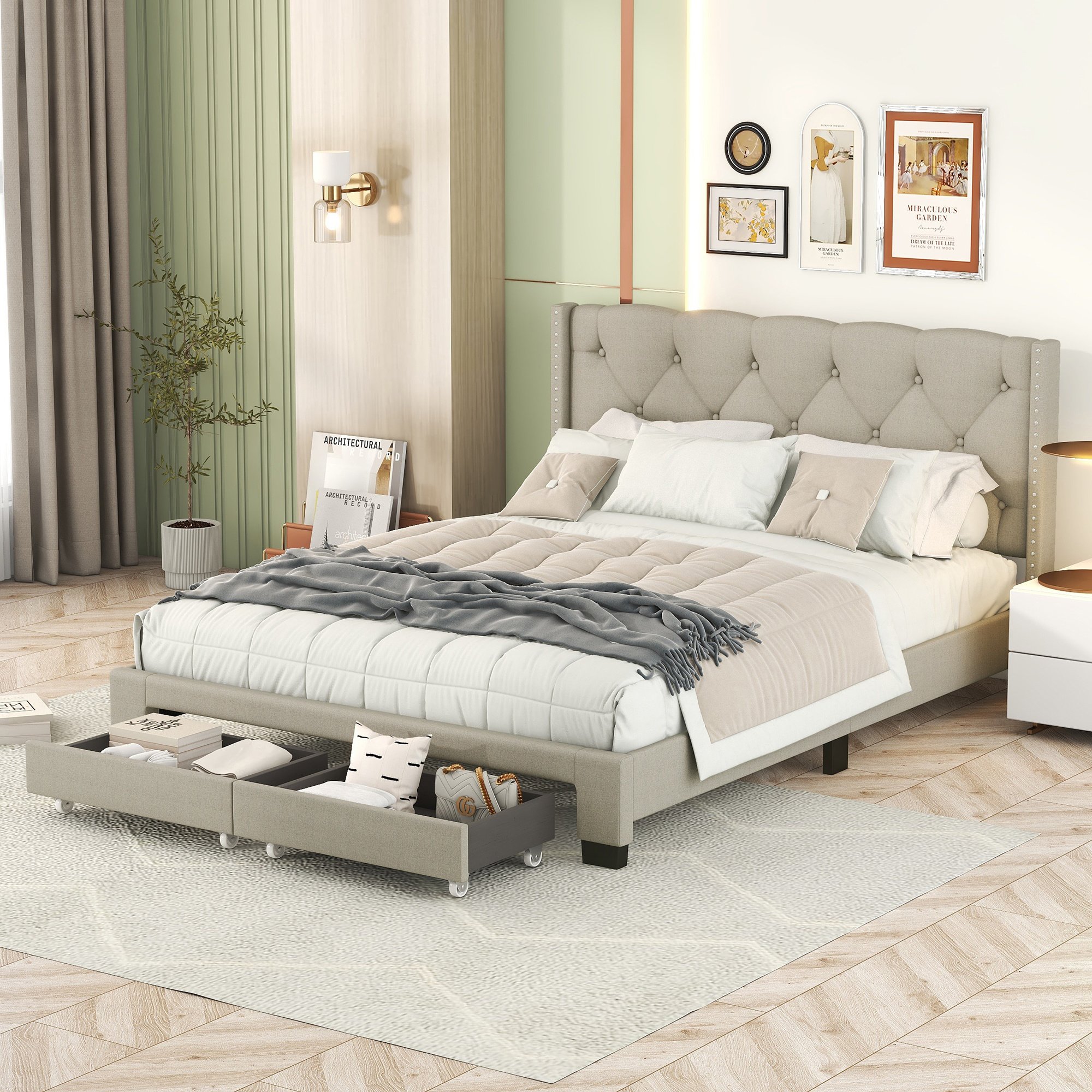 Queen Size Storage Bed Linen Upholstered Platform Bed with Two Drawers - Beige Queen Size Storage Bed Linen Upholstered Platform Bed with Two Drawers - Beige