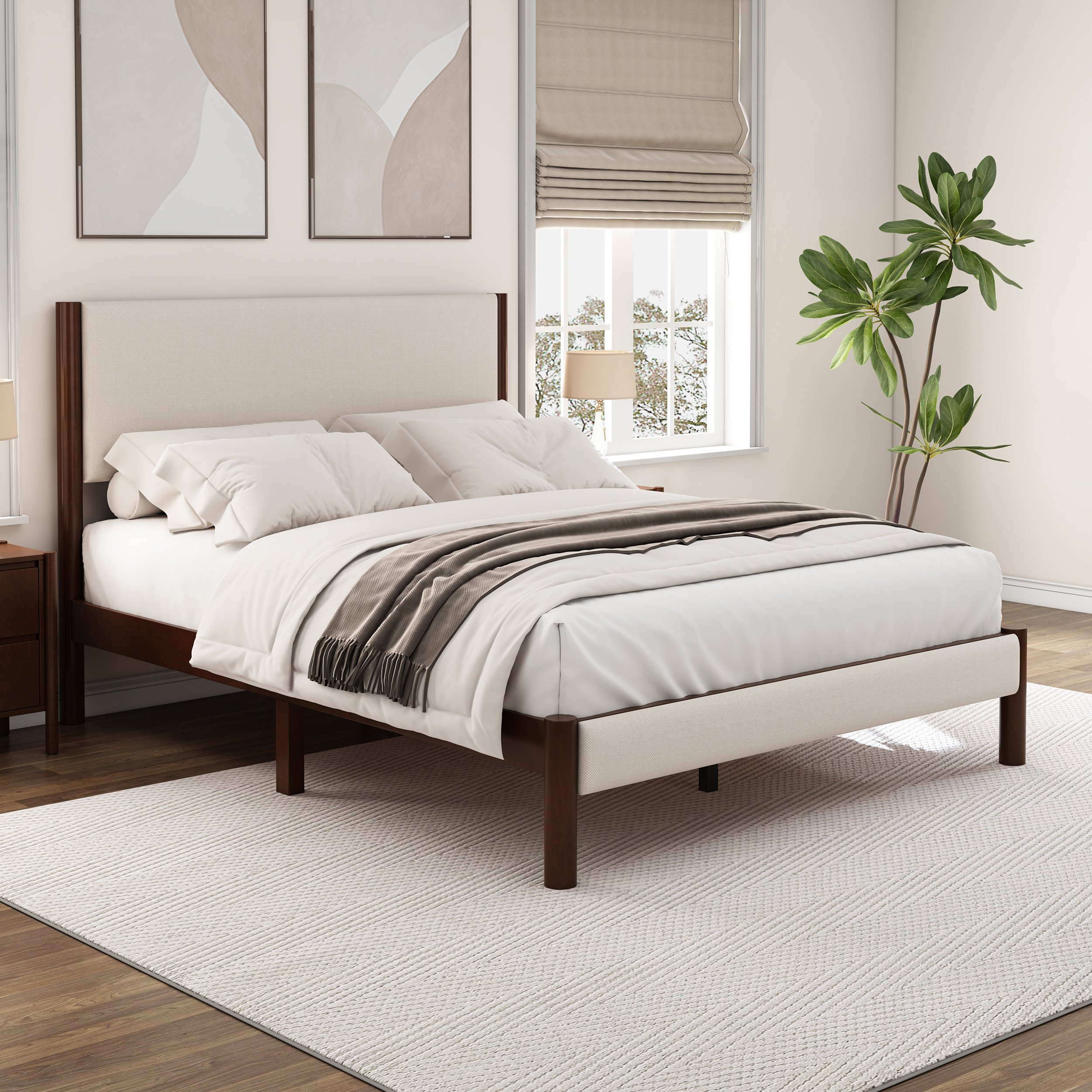 Mid Century Modern Upholestery Platform Bed with Walnut Wood Frame, Queen Mid Century Modern Upholestery Platform Bed with Walnut Wood Frame, Queen