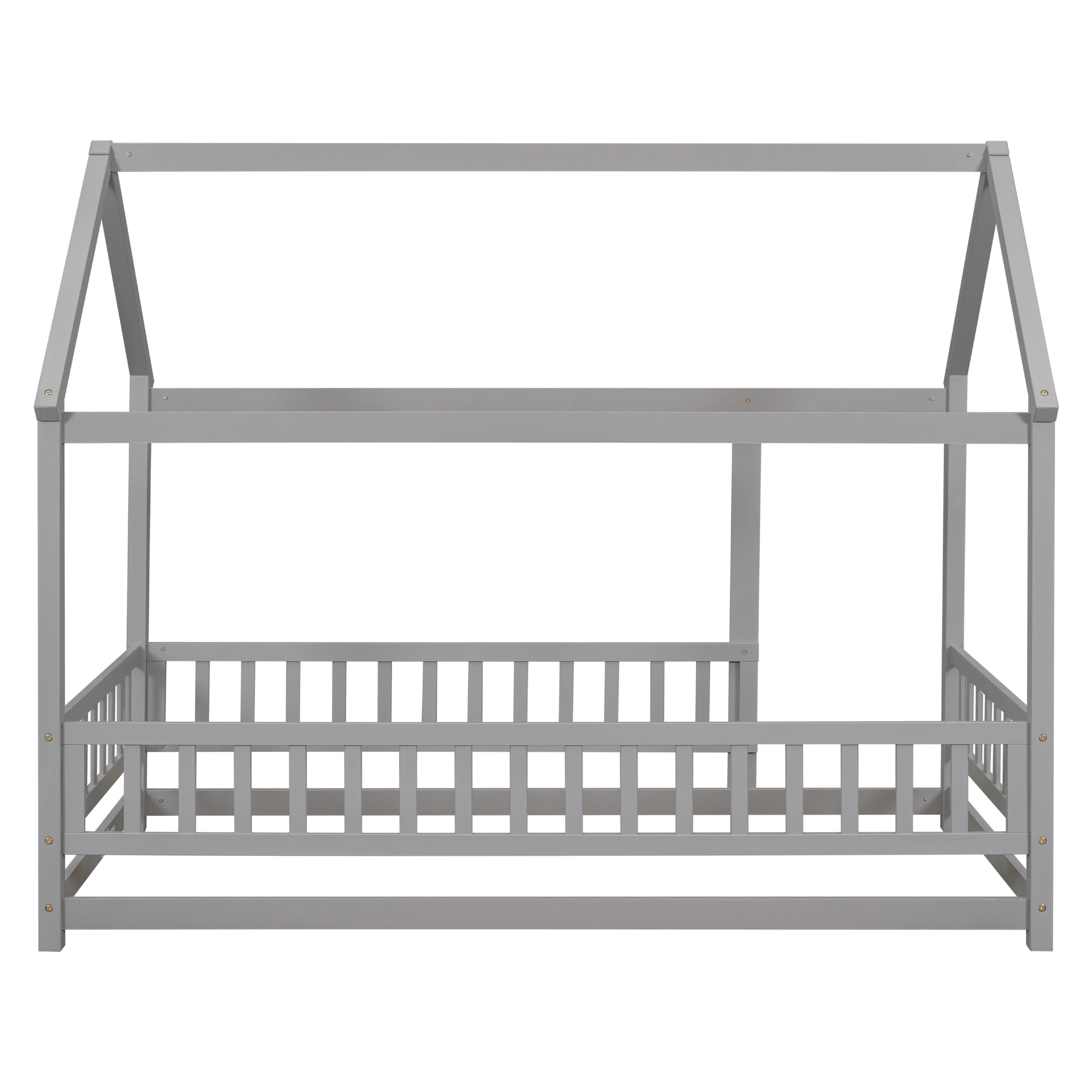 Twin Size Floor Wooden Bed with House Roof Frame, Fence Guardrails,Gray Twin Size Floor Wooden Bed with House Roof Frame, Fence Guardrails,Gray