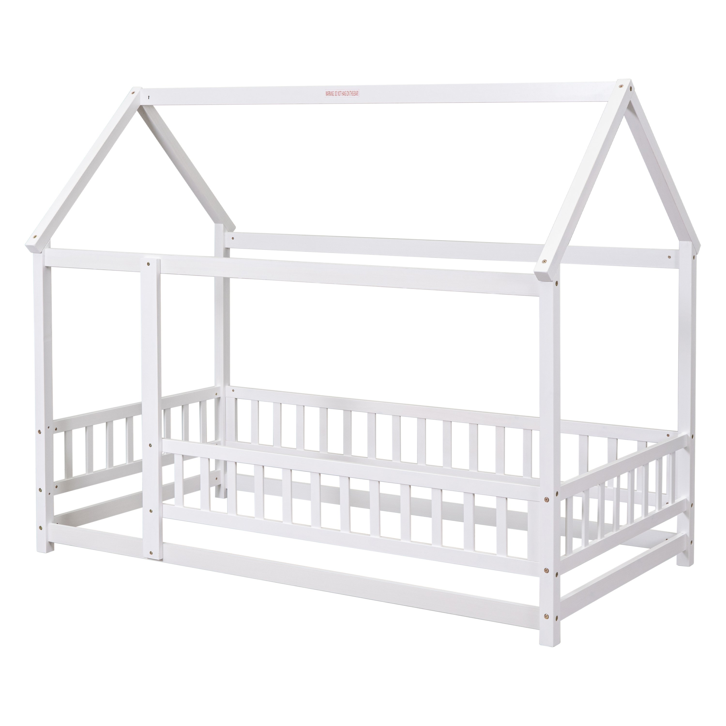 Twin Size Floor Wooden Bed with House Roof Frame, Fence Guardrails,White Twin Size Floor Wooden Bed with House Roof Frame, Fence Guardrails,White