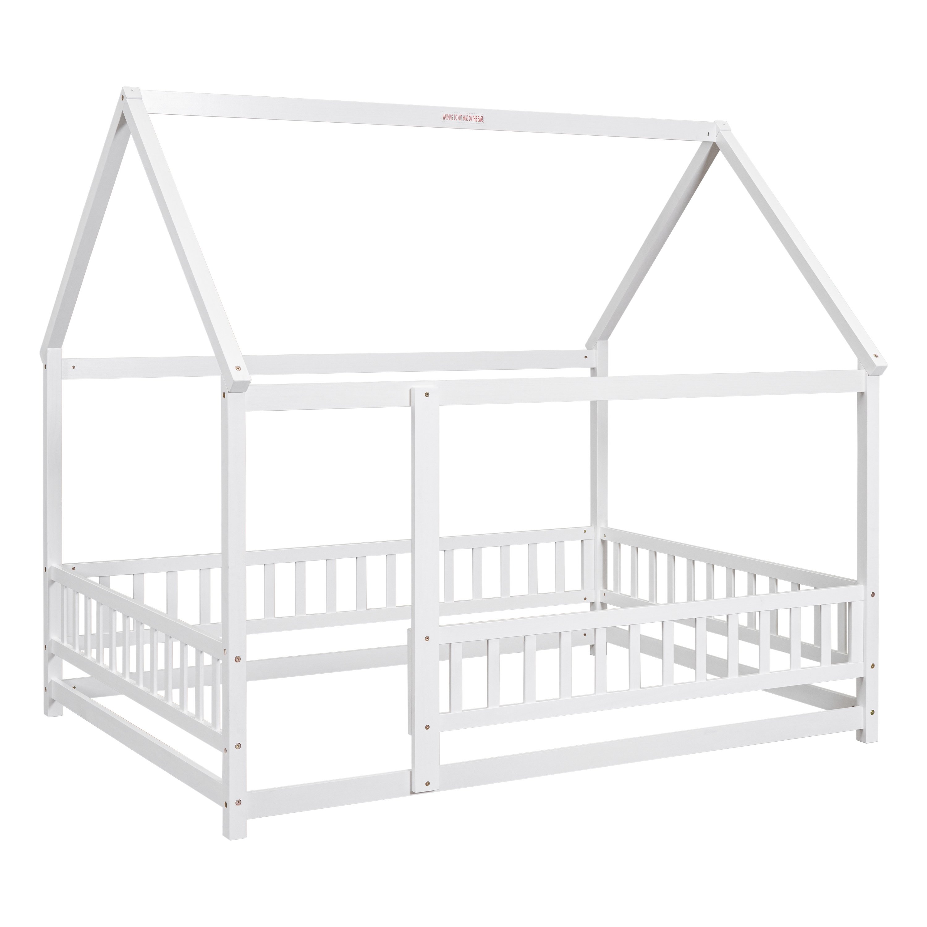 Full Size Floor Wooden Bed with House Roof Frame, Fence Guardrails ,White Full Size Floor Wooden Bed with House Roof Frame, Fence Guardrails ,White