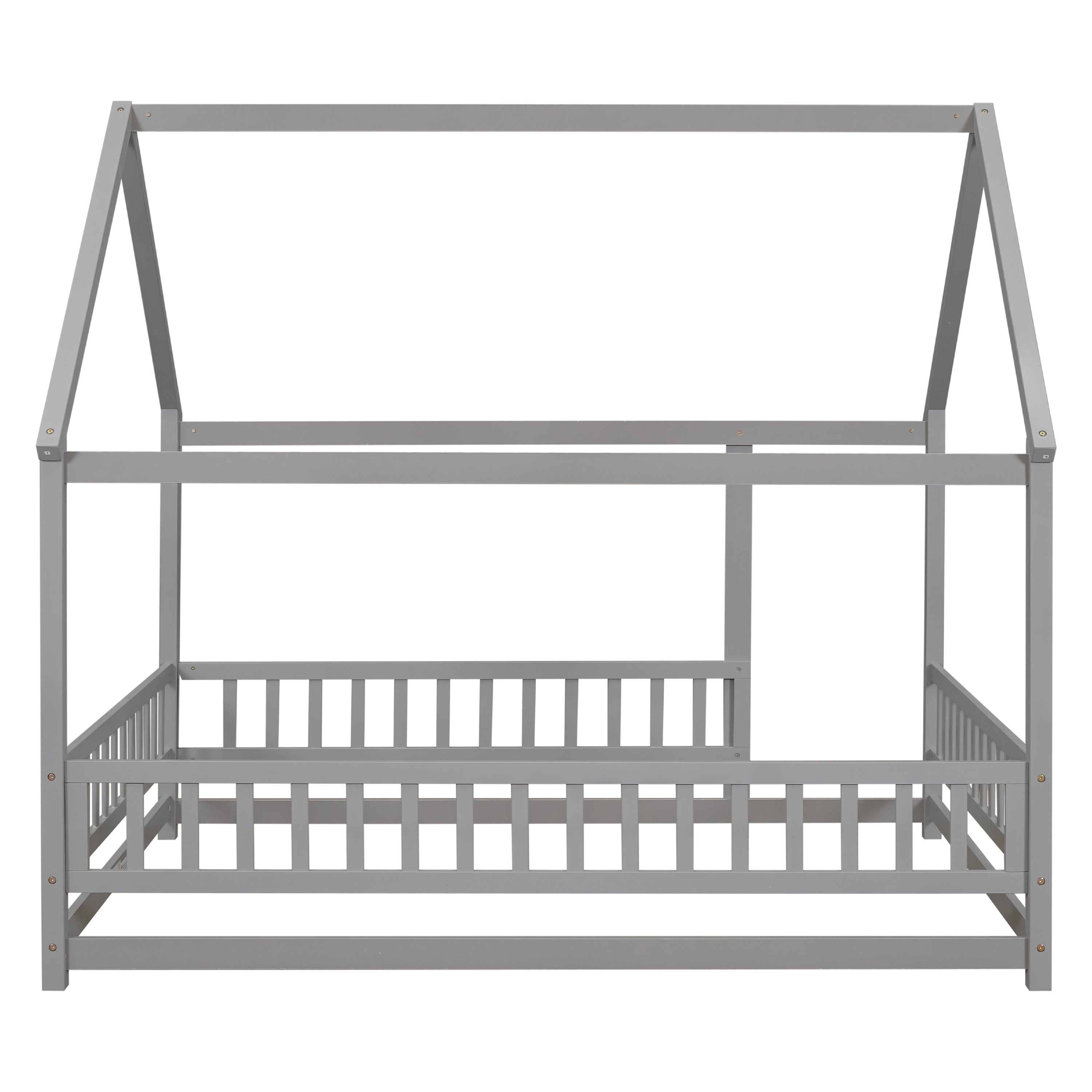 Full Size Floor Wooden Bed with House Roof Frame, Fence Guardrails ,Gray Full Size Floor Wooden Bed with House Roof Frame, Fence Guardrails ,Gray