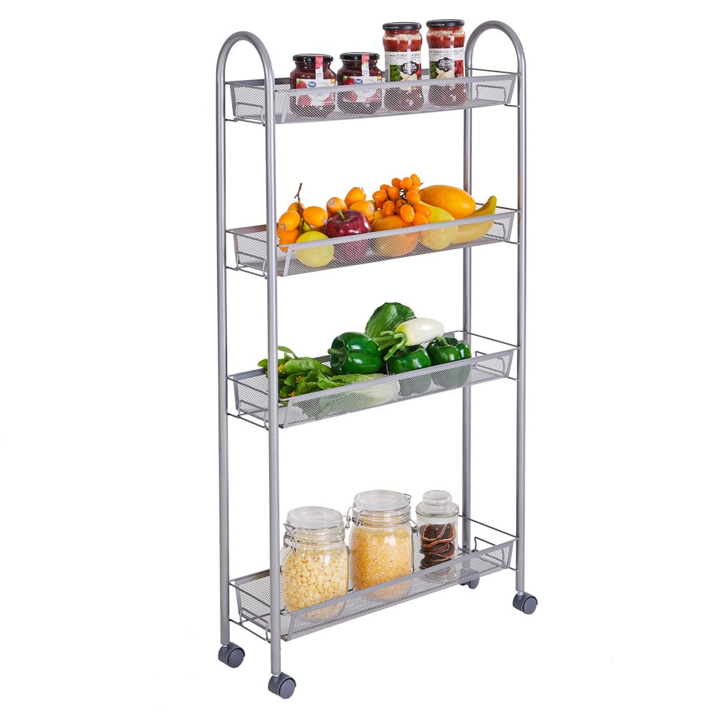 4-Tier Gap Kitchen Slim Slide Out Storage Tower Rack with Wheels, Cupboard with Casters - Silver 4-Tier Gap Kitchen Slim Slide Out Storage Tower Rack with Wheels, Cupboard with Casters - Silver