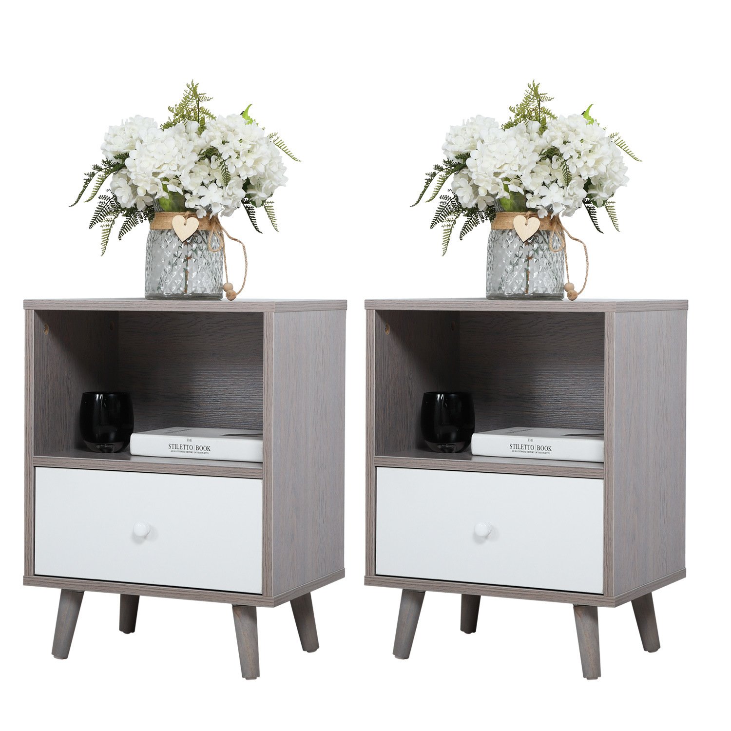 Set of 2 Mid Century Bedside Table, Nightstand with Drawer and Shelf Storage, Side Accent Table for Living Room Bedroom Set of 2 Mid Century Bedside Table, Nightstand with Drawer and Shelf Storage, Side Accent Table for Living Room Bedroom