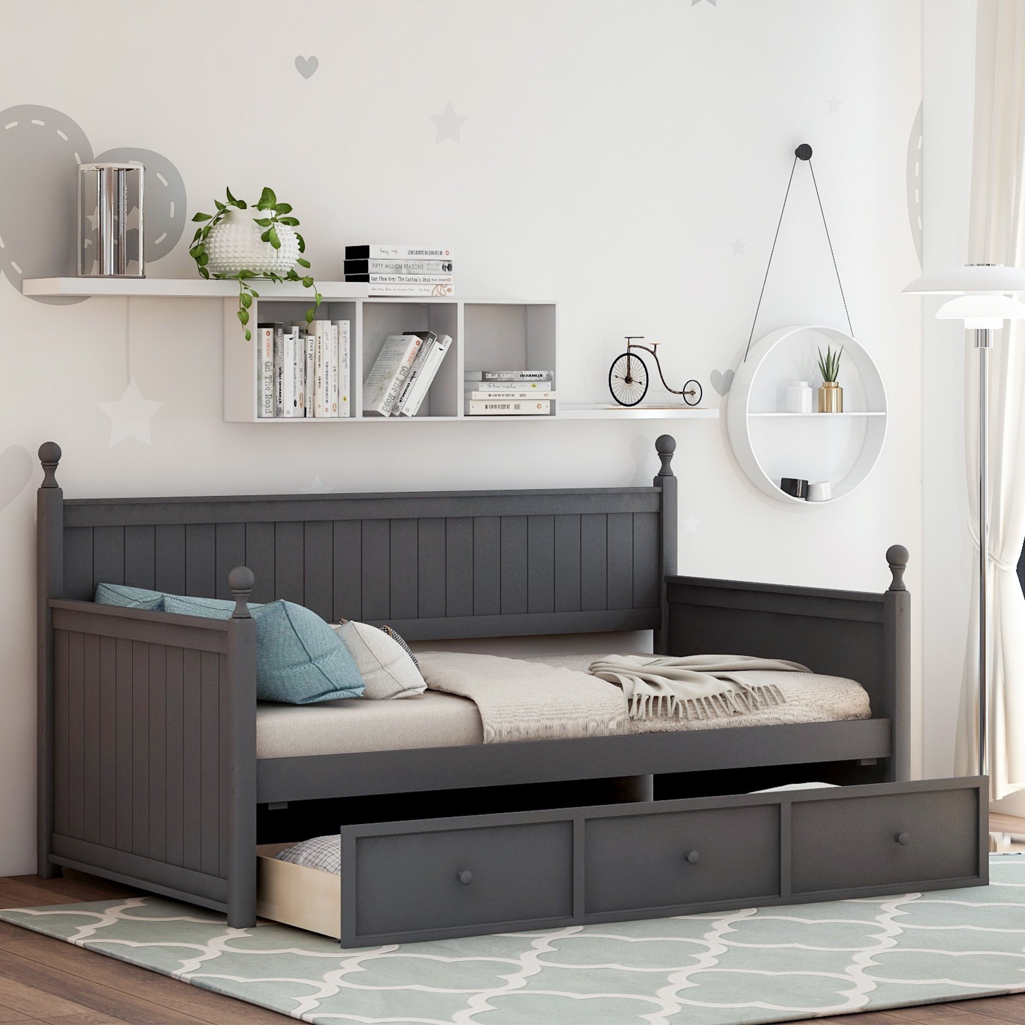 Wood Daybed with Three Drawers ; Twin Size Daybed; No Box Spring Needed ; White Wood Daybed with Three Drawers ; Twin Size Daybed; No Box Spring Needed ; White
