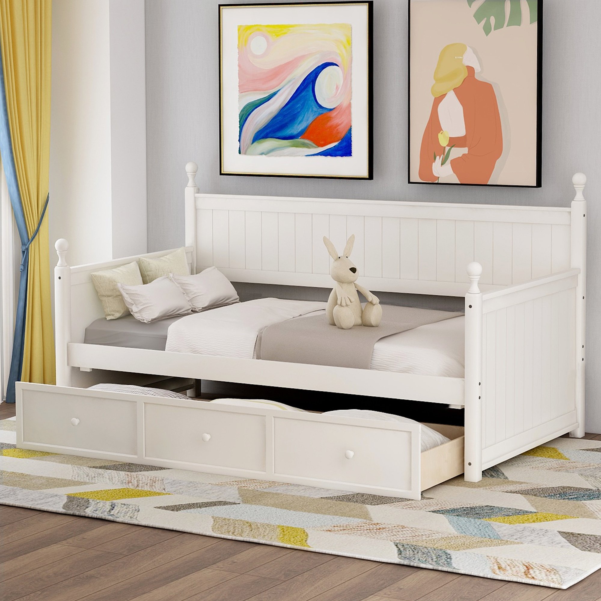 Wood Daybed with Three Drawers ; Twin Size Daybed; No Box Spring Needed ; White Wood Daybed with Three Drawers ; Twin Size Daybed; No Box Spring Needed ; White
